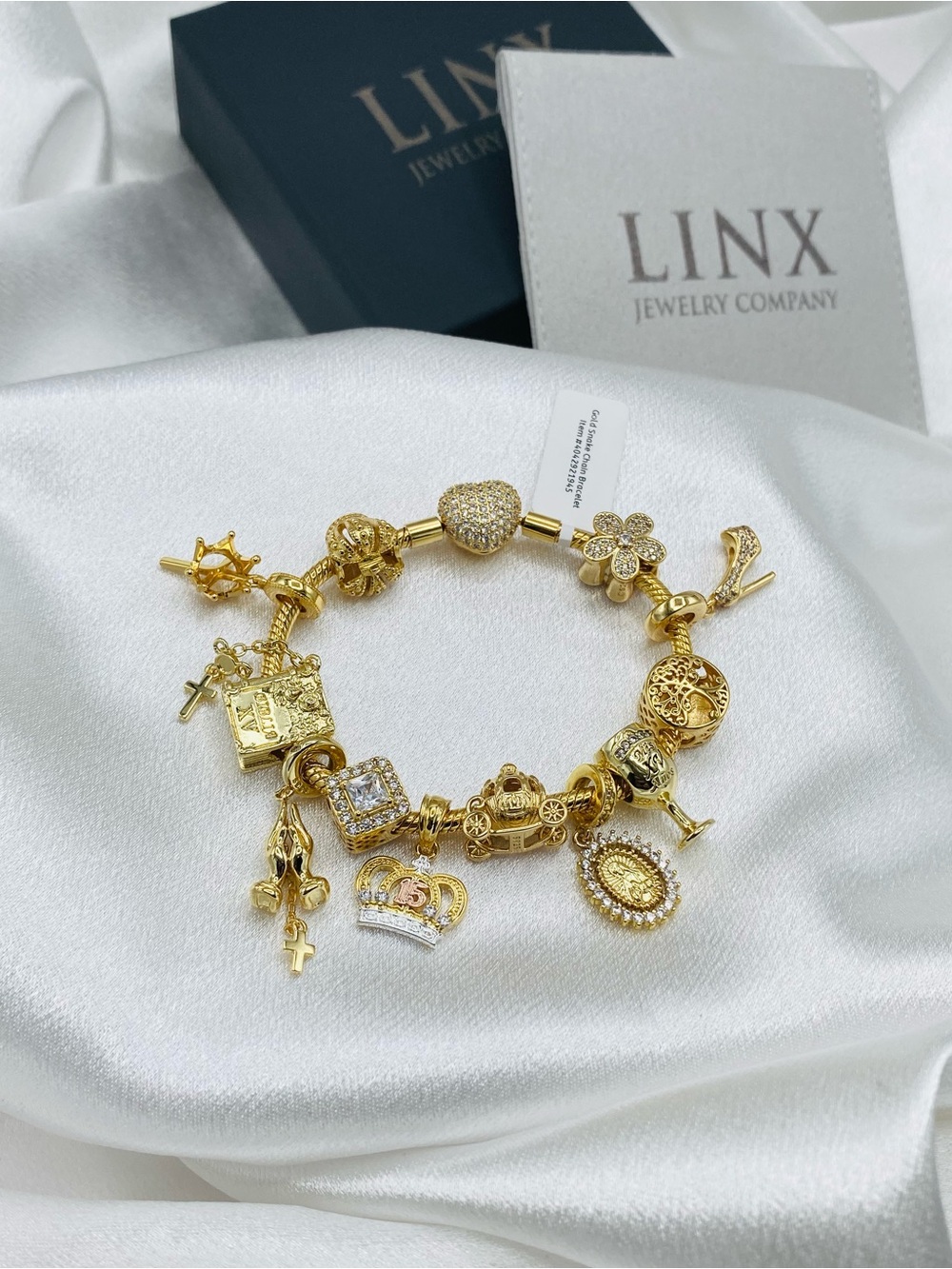 Linx Gold Snake Chain Bracelet with Religious Quinceanera Themed Charms